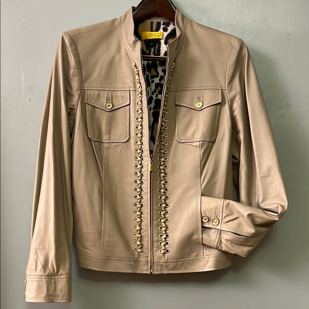 St. John Tan Lambs Leather Jacket with Stand-Up Collar and Gold Woven Trim